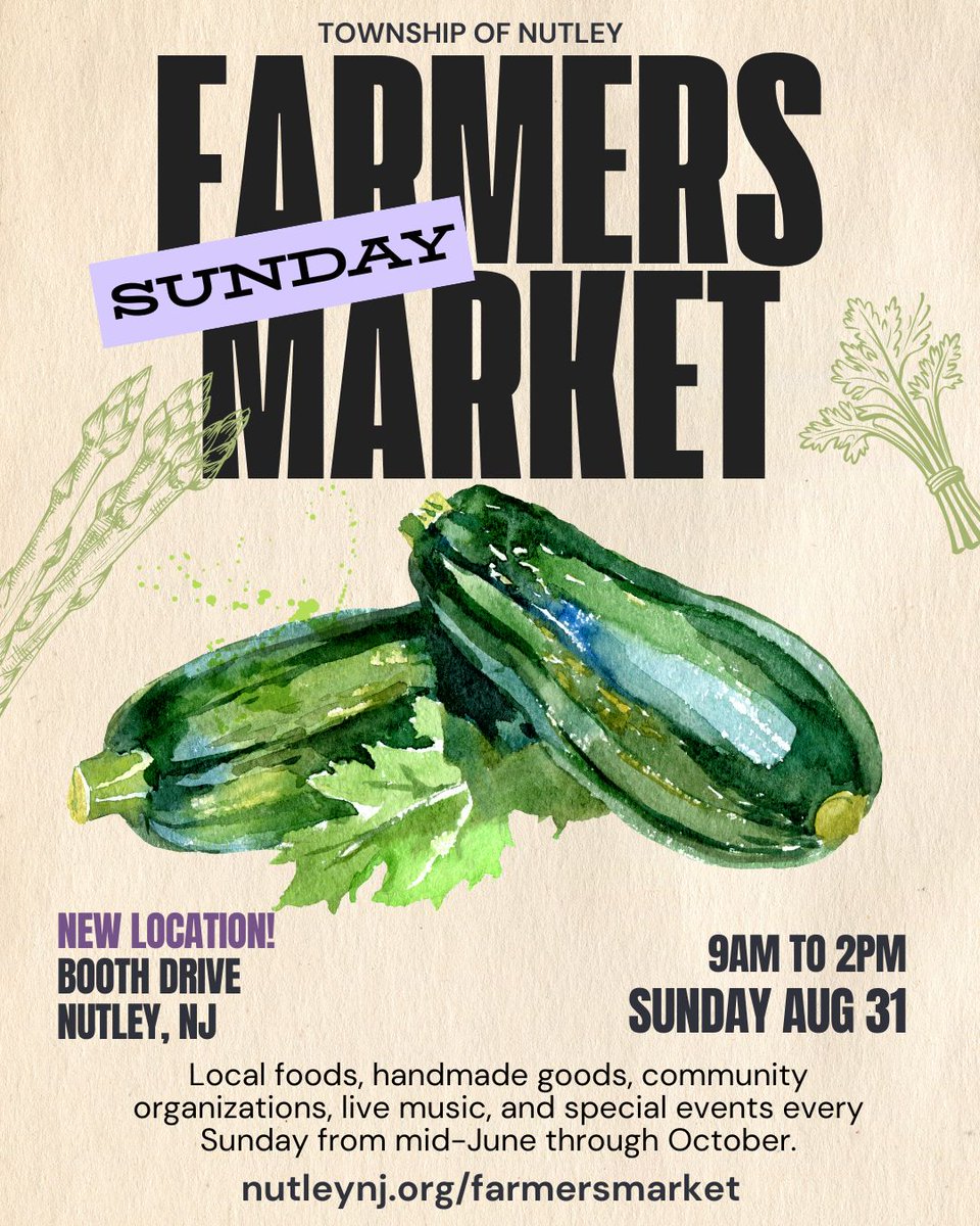 😎 Weekend Woo-Hoo! Aug 31 #NutleyFarmersMarket!
🍒 <a href="/JerseyFreshNJDA/">Jersey Fresh</a>  produce, food, beverages, flowers, handmade goods, and more
⚓ Meet Assemblywoman Carmen Morales and staff for info and help in applying for the ANCHOR program
📜 Save the Date: Sep 7 History Walk