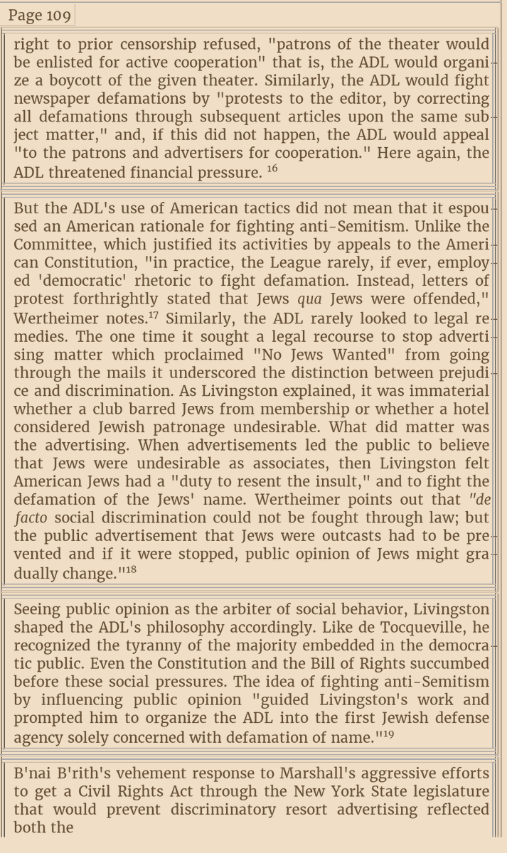 BenRodef's tweet photo. The ADL combated "antisemitism" in a more open fashion, bypassing legal means, and instead utilized an old rabbinic crowd control tactic, economic boycott and defaming individuals (ie: cancel culture), using the "tyranny of the [gaslit] majority in the democratic public". https://t.co/kKBcQAVkU6