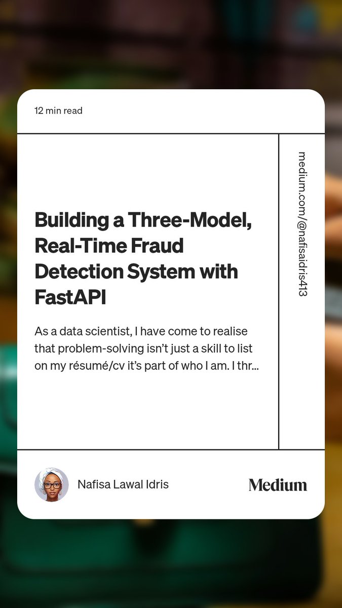 FeenahNafeesah's tweet image. I just published my latest article on building a Three-Model Real-Time Fraud Detection System with @FastAPI.
Read it on @Medium: medium.com/@nafisaidris41…
Check out the code on @GitHub: github.com/nafisalawalidr…
#FraudDetection #MachineLearning #DeepLearning #FinTech #FastAPI