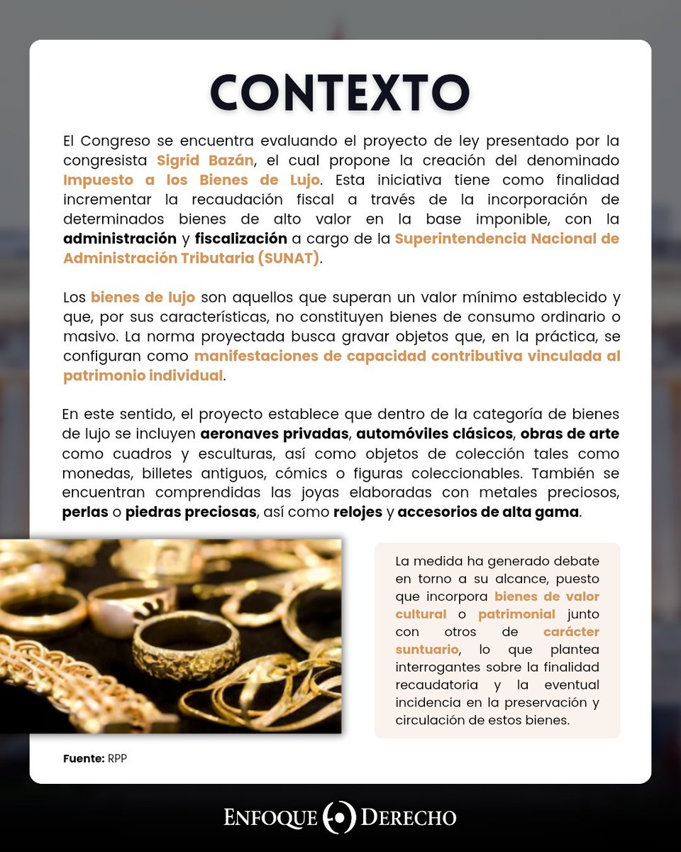 EnfoqueDerecho's tweet image. #Congreso 🏛️

¿Sabías que el Congreso se encuentra evaluando el proyecto de #ley presentado por la congresista #SigridBazán que propone la creación del #impuesto a los bienes de #lujo para bienes de elevado valor #económico?

¿Qué opinas de esta noticia?
¡Coméntanos! ➡️