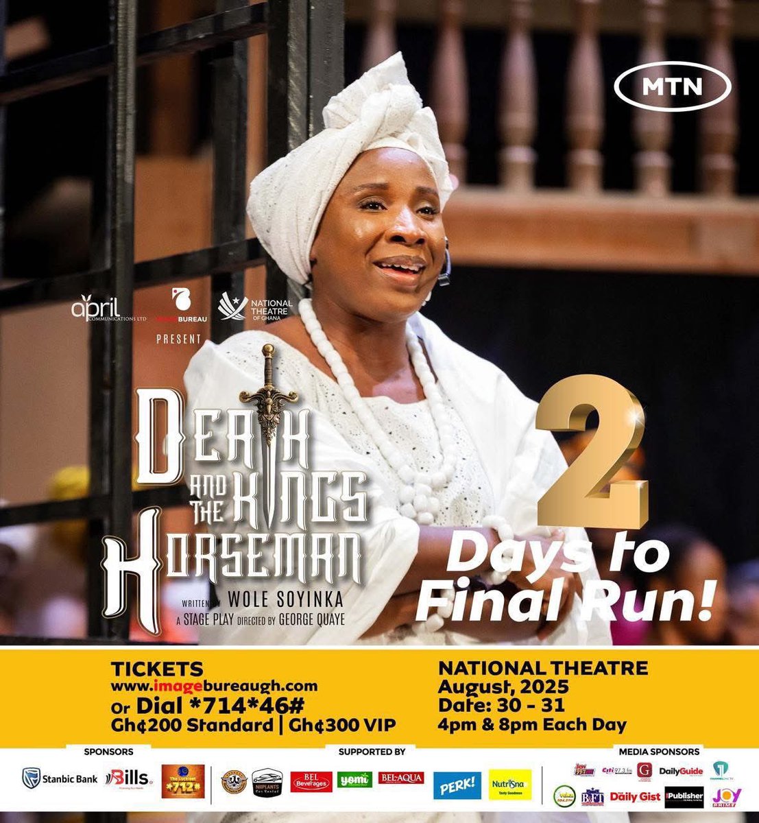 Let’s celebrate African storytelling! Wole Soyinka’s Death and the King’s Horseman takes its final run at the National Theatre today &amp; tomorrow. Don’t just hear about it experience it! I’ll be there at 8pm.