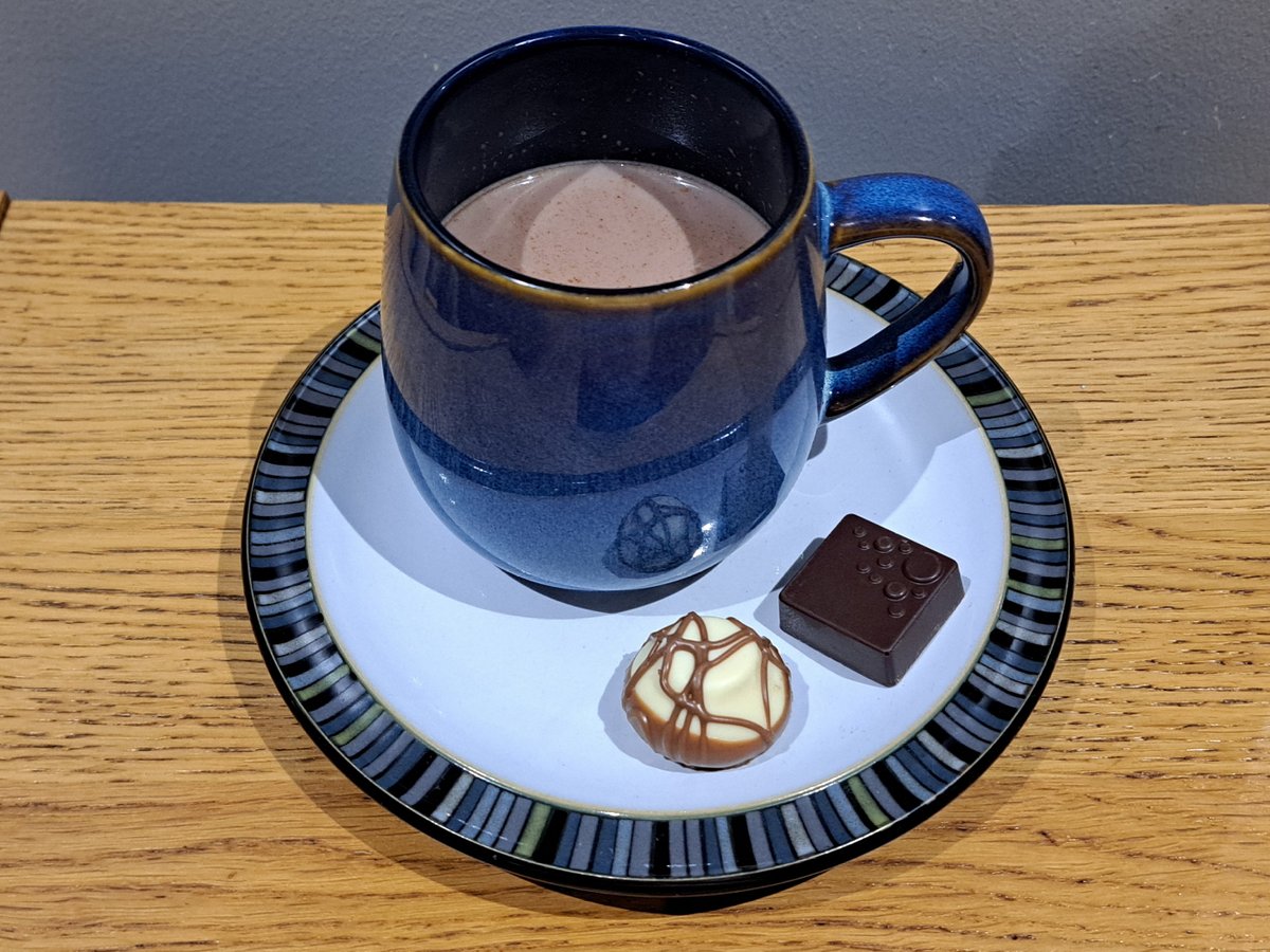 First hot chocolate of the season.
Different mug this year, and posh chocolates to go with it.