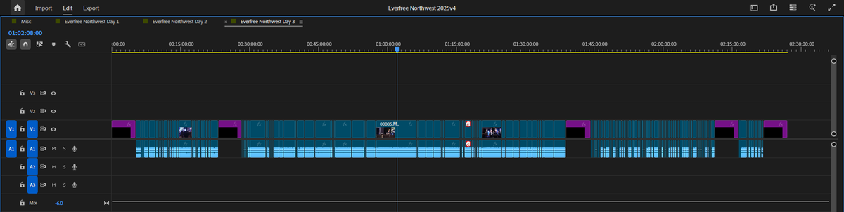 Editing <a href="/EverfreeNW/">Everfree Northwest</a> videos now, and this is all the useable footage I just finished going through.  Days 1 and 2 are currently over 3 hours long, meanwhile Day 3 is over 2 hours long.  Now is the arduous task to condense them down to around or less than an hour for each day.
