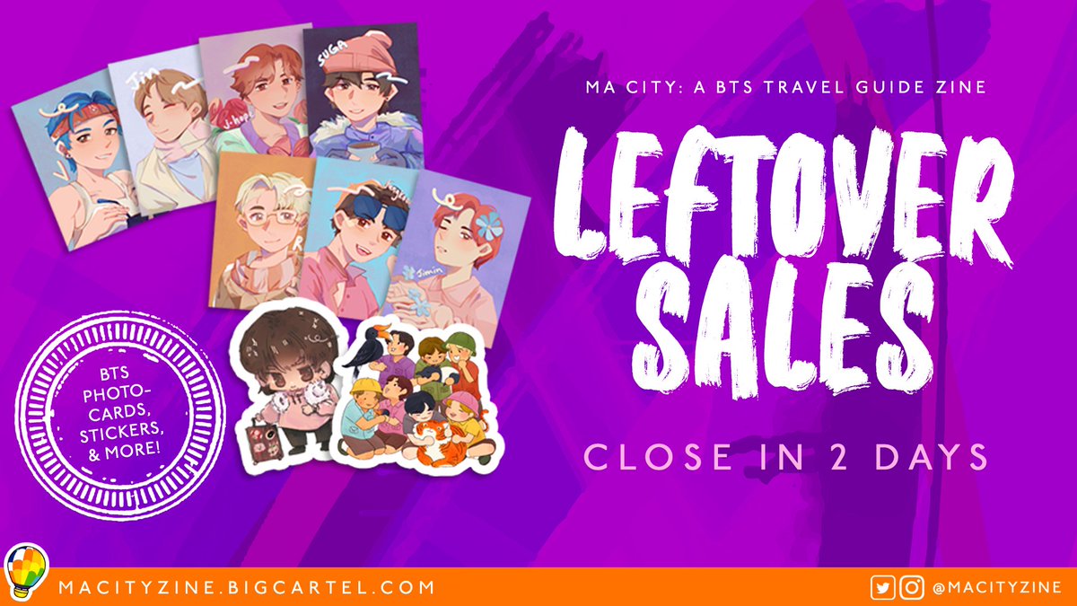 MaCityZine's tweet photo. 🏞 2 DAYS LEFT! 🏞

Order BTS photocards, stickers, pouches and more before leftover sales close. Only 2 more days! ⤵️

🛒https://t.co/3ELynLpjmM 

#BTSARMY #btsfics #fanart #Fanzine #fanfic https://t.co/tzy9P57f5N