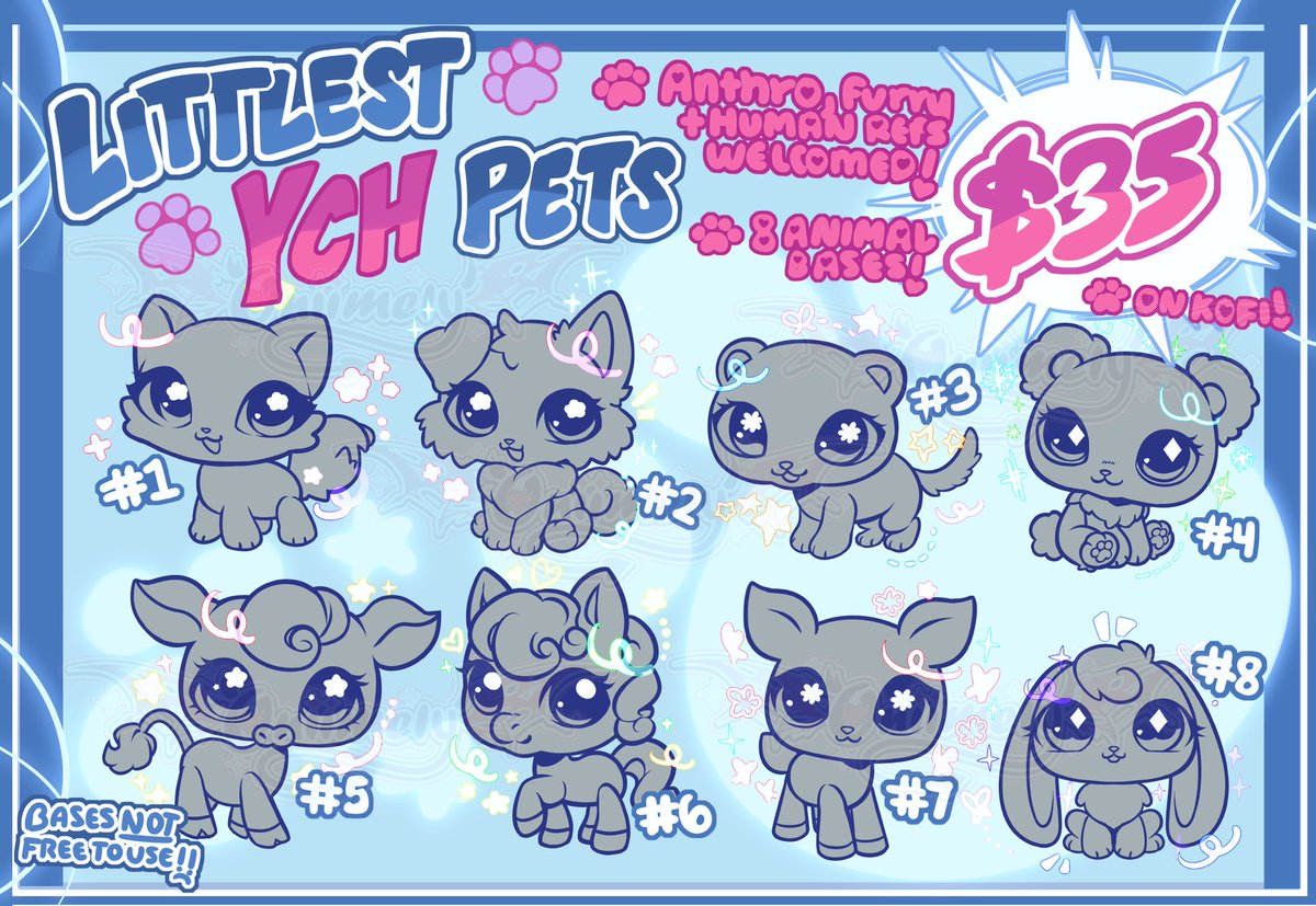 Feeling nostalgic? These Littlest YCH pets are 🌸pen!!

-8 Pet bases with customizable options
-Anthro, Furry, Pets, human designs welcome!! 
-If we get 50+ Slots filled, I will add an additional set of pet bases!

Rts + Comments are super appreciated!!
☕️ ko-fi.com/c/a5c0c9bd4e