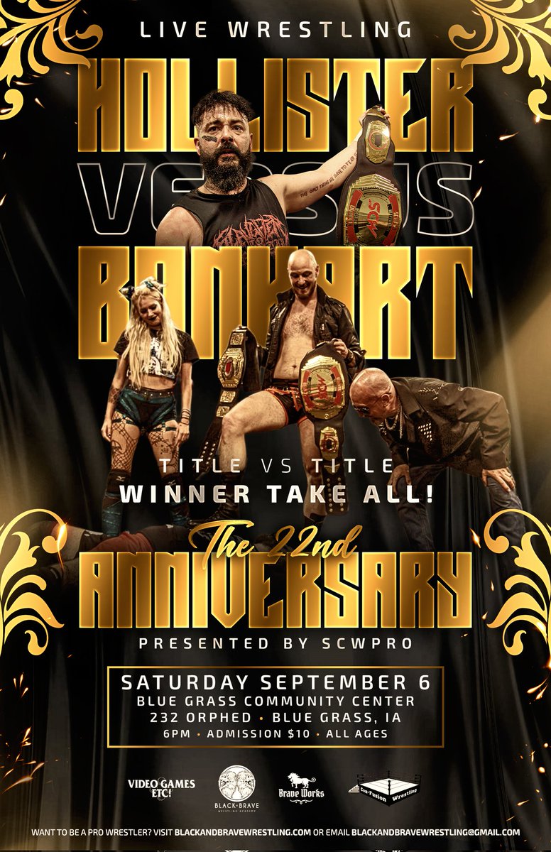We celebrate our 22nd Anniversary in just ONE WEEK at the Blue Grass Community Center!

Every championship is on the line, plus the newest member of the SCWPro Hall of Fame, <a href="/fakebraxton/">Connor Braxton</a>, will be inducted!

🔹 6pm start
🔹 Tickets just $10

Come witness history!