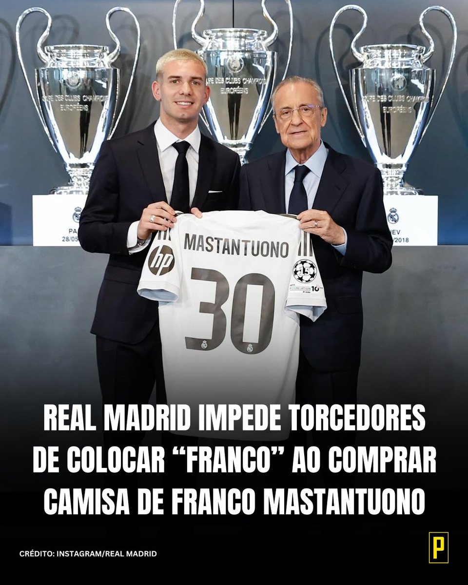 Franco Mastantuono foi anunciado há algumas semanas como nova contratação do Real Madrid, sendo vendido pelo River Plate por 45 milhões de Euros (R$ 289 milhões).

E, possivelmente já prevendo uma polêmica, o Real Madrid impediu que os torcedores colocassem apenas o nome “Franco”