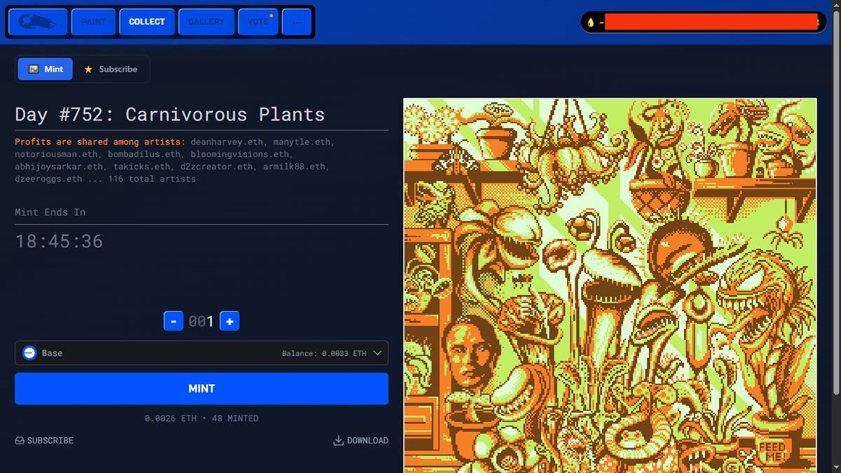 Screenshot of BasePaint Day #752: Carnivorous Plants minting page