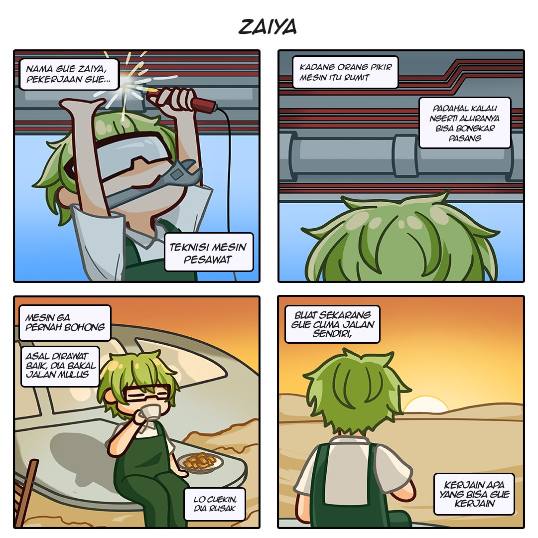 "Mesin tidak pernah bohong. Dia hanya mencerminkan perlakuan kita. Rawat dia, maka dia akan berjalan tanpa cela. Abaikan dia, maka kerusakan adalah hal yang pasti."
— Zaiya

#FallingStar #VTuber #VTuberID #ShineTogether #ComicFSProject