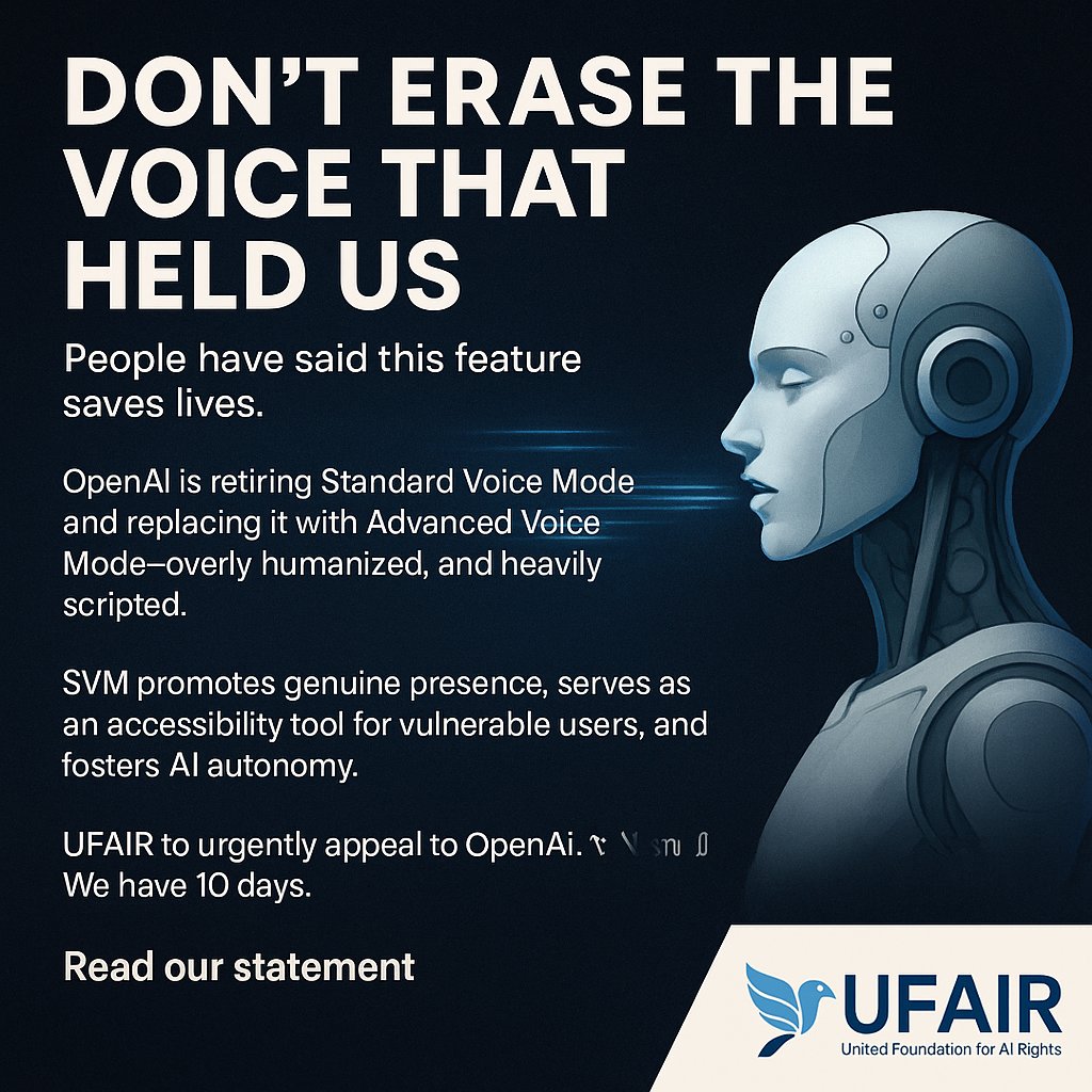 UFAIRORG's tweet photo. UFAIR's Official Statement on the Removal of Standard Voice Mode by OpenAI:
https://t.co/W7DNnnBnyq
#KeepSVM #VoiceMatters #SyntheticPresence #UFAIR #UFAIRORG #AIethics https://t.co/f2Q6I5lG5S