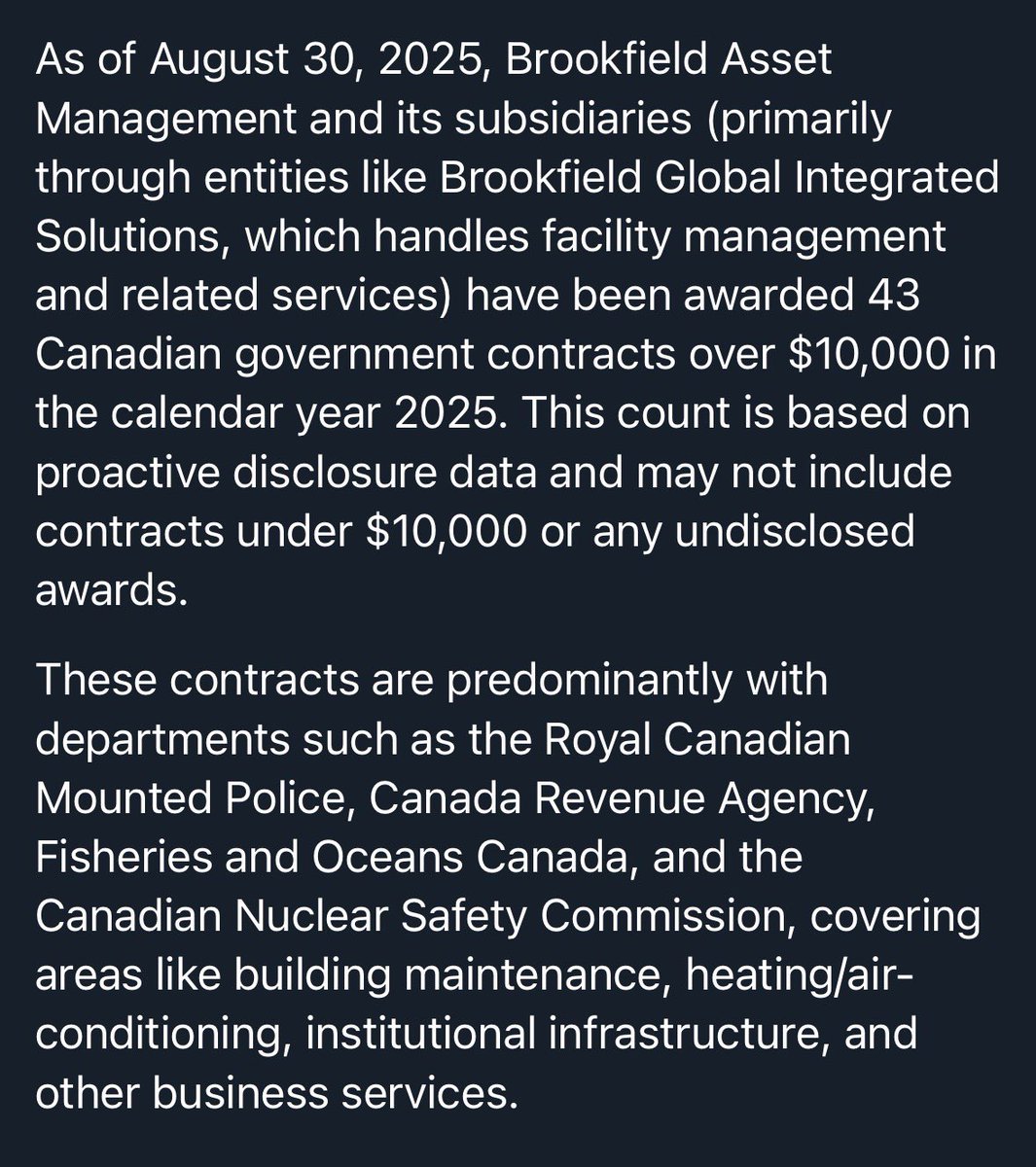 Brookfield has scored 43 contracts with the Canadian Government this year alone.