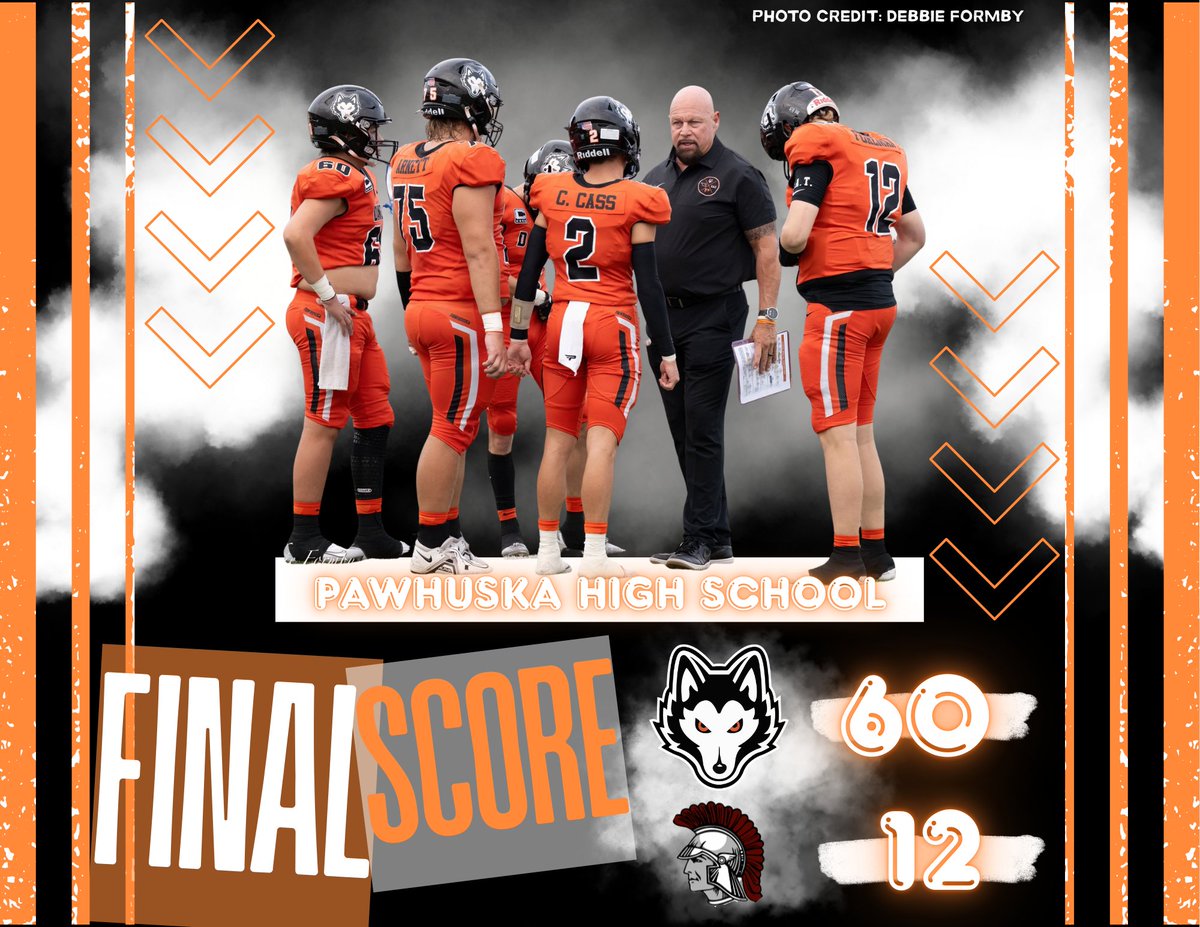 FINAL: Pawhuska 60, Nowata 12
Huskies roll out at Ormond Beach! Awesome job to our Cheerleaders, Youth, and Fans!!  🧡👏🖤
QB Kane Foreman: 16/21, 249 yds, 6 TD
Jenson Snodgrass: 67 rush yds, 2pt
Grayson Reeves: 35 yds, TD
Jarek Edwards/Tripp Walker/Logan Cass: 185 yds, 6 TD
Dane