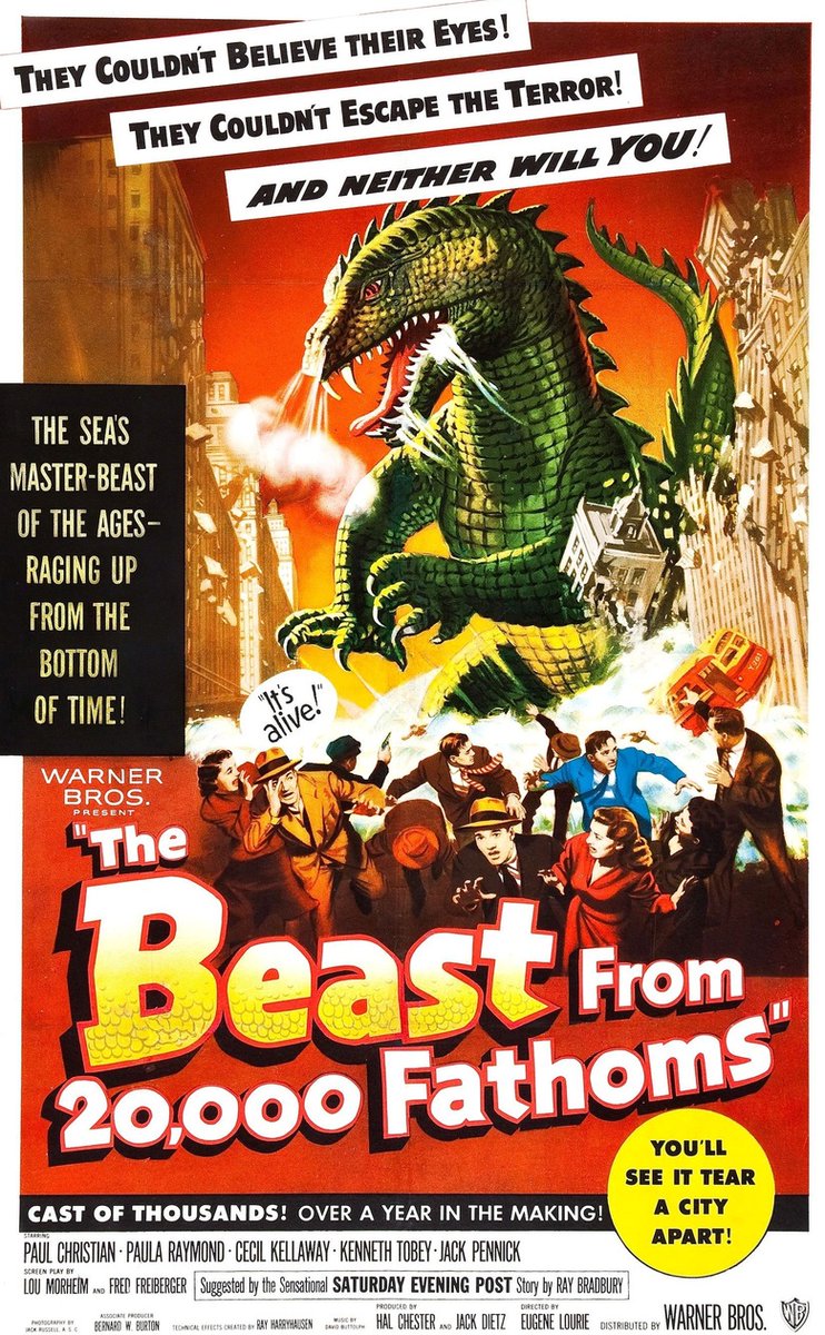 #ComingUpOnTCM 

THE BEAST FROM 20,000 FATHOMS (1953) Paul Hubschmid, Paula Raymond, Cecil Kellaway
Dir,: Eugene Lourie 12:45 AM PT  

Nuclear tests set a dormant prehistoric monster on a path of destruction.  

1h 20m | Monsters | TV-PG  

#TCM #TCMParty #RayBradbury