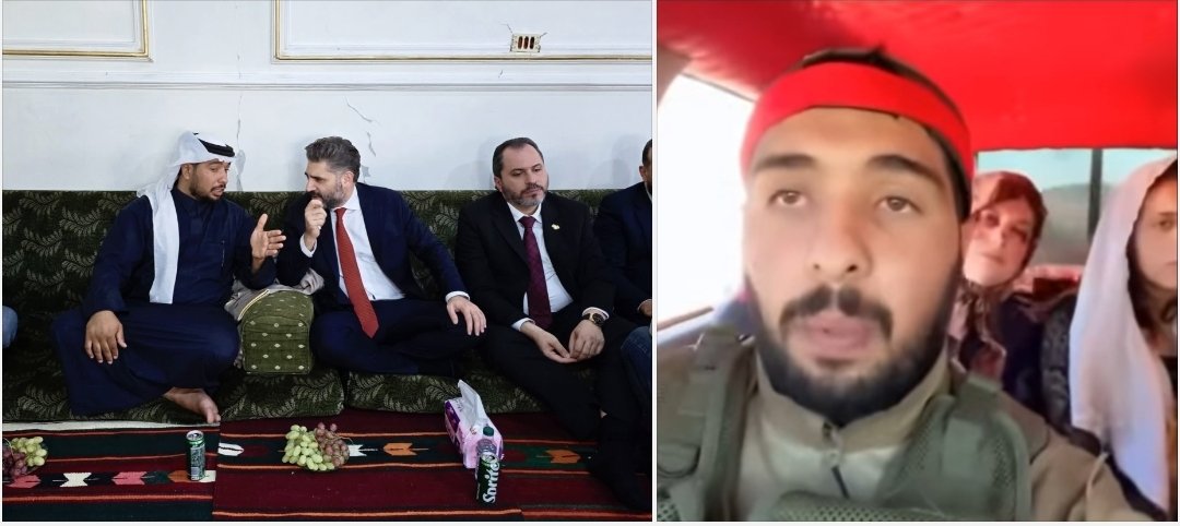 suwayda24's tweet photo. وزير الثقافة إلى جانب أحد المتورطين في مجازر السويداء 

انتشرت صورة لوزير الثقافة في الحكومة المؤقتة، محمد ياسين الصالح، إلى جانب المدعو قصي الشمري، أحد أفراد الميليشيات الموالية التي شاركت إلى جانب قوات الحكومة المؤقتة في الهجمات الطائفية في محافظة السويداء منتصف تموز الماضي. 

الصورة نشرها الشمري على حسابه في فيس بوك مساء السبت 30 آب/أغسطس، بعد يوم واحد من ظهوره على وسائل إعلام رسمية في معرض دمشق الدولي. 

الشمري، كان قد ظهر في مقطع فيديو بثه على صفحته الشخصية خلال اختطاف عائلة مؤلفة من سيدتين وأطفال من ريف السويداء الشمالي، في تموز الماضي. العائلة أُفرج عنها بعد اسبوعٍ من الخطف ضمن عملية "تبادل" كما صرحت في لقاء سابق مع السويداء 24. 

وقعت الجريمة في قرية رضيمة اللوا شمال محافظة السويداء خلال الهجوم الذي شنته ميليشيات موالية للحكومة المؤقتة تحت مسمى "فزعة العشائر". وارتقى فيها ثلاثة من أفراد الأسرة، رب الأسرة، وابنه وزوجته، ونجت منها الأم وابنتها، وأحفادها الصغار.

العائلة كانت قد احتمت على سطح منزلها في القرية، عندما تعرضت لهجوم بالرشاشات والقنابل من قبل مسلحي الميليشيا التي كان الشمري أحد قادتها. وانتشرت صورة مؤثرة لطفلة تنظر إلى جثماني والديها وتمشي على الدماء قبل اختطافها مع من تبقى حياً من أفراد العائلة. 

كما ظهر قصي الشمري في مقاطع أخرى على طريق دمشق السويداء يُعلن فيها مشاركته في حصار المحافظة ومنع دخول المواد الغذائية لها. وتعرضت القرى الواقعة على ذات الطريق، من الصورة الكبيرة وصولاً إلى أم الزيتون، لمجازر ذات طابع إبادي، من قتل وخطف للسكان، ونهب وإحراق للبيوت ودور العبادة والكنائس. 

ليست المرة الأولى التي يظهر فيها وزير الثقافة إلى جانب مجرمي الحرب، فسبق أن انتشرت له صورة سابقة في ديوان أحد قادة الميليشيات المدعومة من إيران، "المرسومي"، التي كان لها نصيب أيضاً من المشاركة في الهجمات على محافظة السويداء، إلى جانب قوات الحكومة المؤقتة.