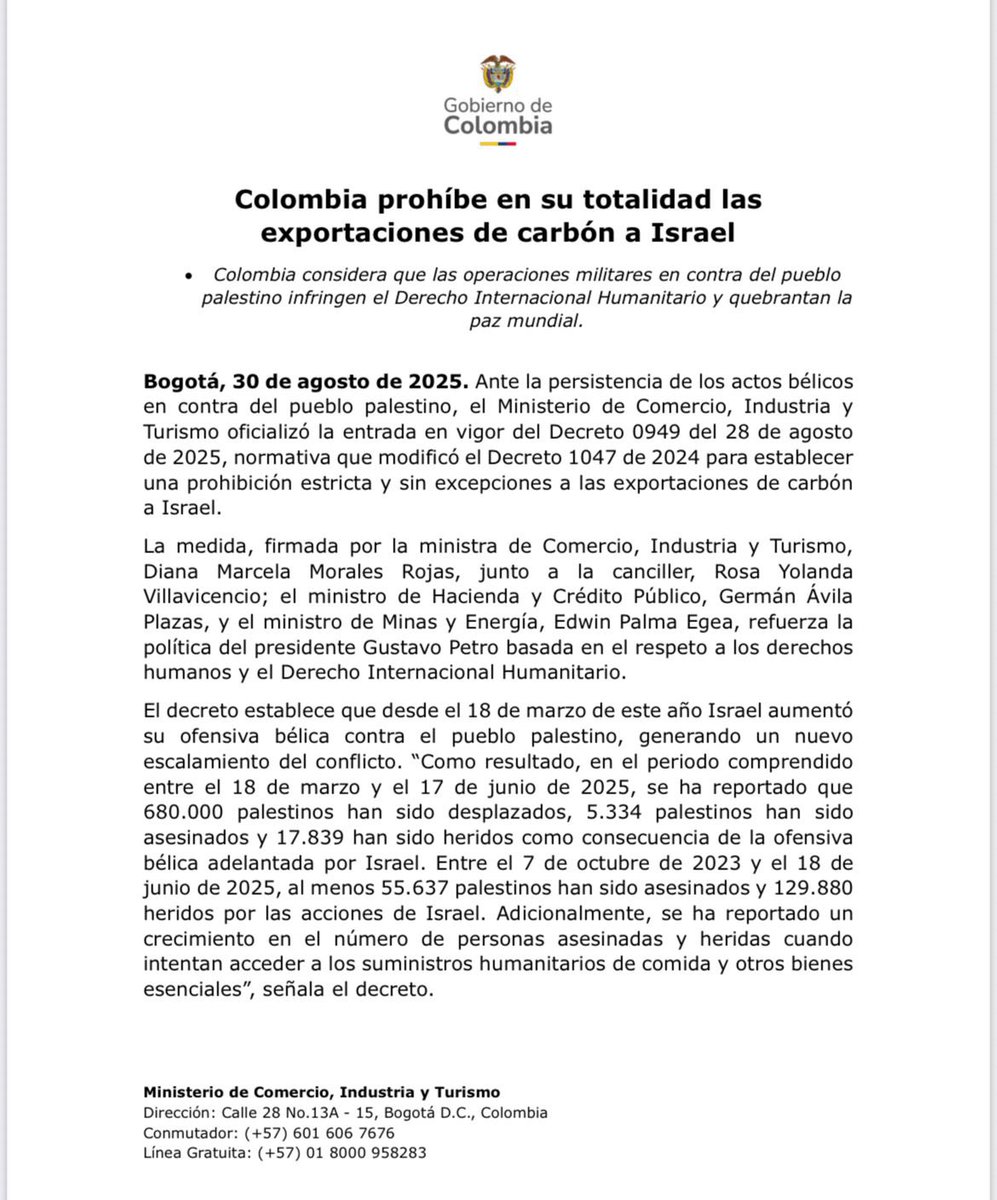 RevistaPODERcol's tweet image. 🚨 #ÚltimaHora | El Gobierno (@mincomercioco) oficializó el decreto que prohíbe de manera estricta y sin excepciones la exportación de carbón a Israel, en rechazo a la persistencia de los actos bélicos contra el pueblo palestino.
#NoticiasConPoder #Colombia #Israel #Palestina…
