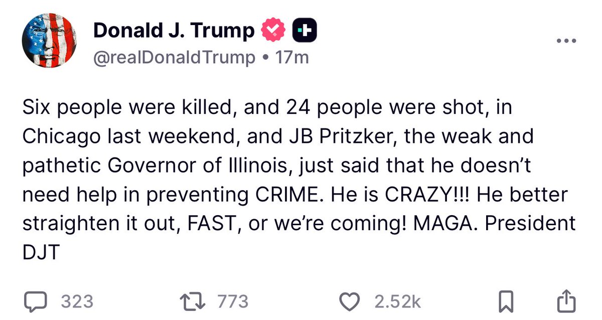 MAGAVoice's tweet image. BREAKING 🚨 Donald Trump has a direct message for the Governor of Illinois, JB Pritzker: “Or We are coming”

SEND IN THE NATIONAL GUARD