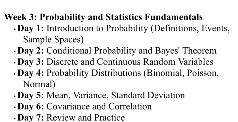 PromiseNwankw14's tweet image. 📘 Day 14: AI/ML Journey
🔹 Math → Correlation
🔹 Weekly Review
• Probability basics
• Conditional Probability & Bayes
• Random Variables
• Distributions (Binomial, Poisson, Normal)
• Mean, Variance, Std Dev
Covariance & Correlation
#AI #MachineLearning #MathForAI