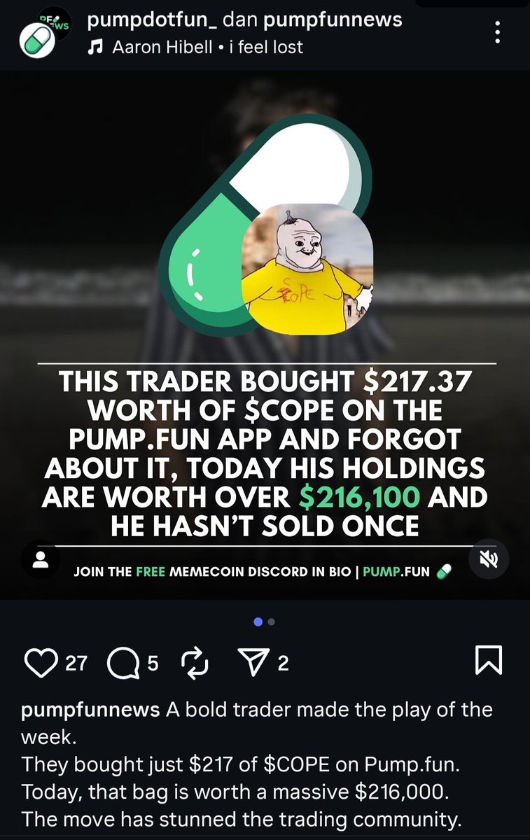 For 3rd times @pumpdotfun just post news about $COPE on Instagram 🎯

I hope @pumpdotfun &amp; <a href="/a1lon9/">alon</a> give a little support with buying $COPE too