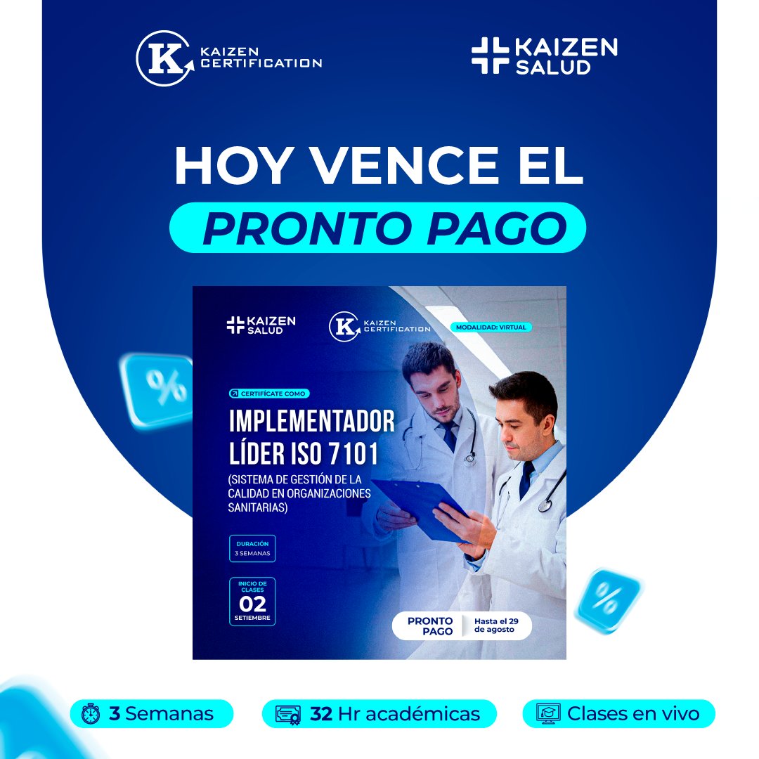 🚨🏥 ¡ATENCIÓN! HOY VENCE EL PRONTO PAGO DEL CURSO IMPLEMENTADOR LÍDER ISO 7101 🚨👨‍⚕️

✨ Para mayor información ➡️ bit.ly/LIDER-7101
📄 Descargar brochure ➡️ bit.ly/4f68pwW