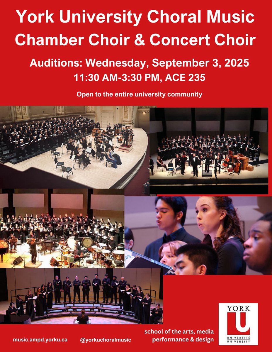 Don’t miss out on your chance to sing with the York University Choral Ensembles this year! Exciting, diverse music and spectacular concerts! Auditions on Wednesday, September 3, 2025, beginning at 11:30 AM. Contact us @yorkuchoralmusic. 
#YorkUniversity <a href="/YorkuAMPD/">York U AMPD</a> <a href="/YorkUMusic/">YorkU Music</a>