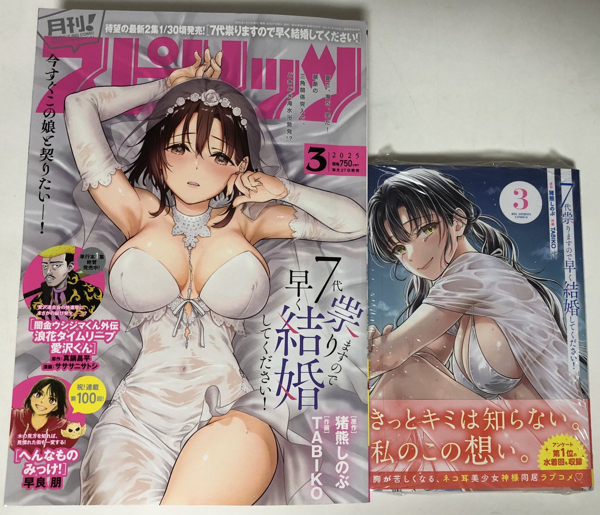 koisuruJDhotaru's tweet photo. 待望の水着回『第14話』収録
#月刊スピリッツ2025年3月号 と
『7代祟りますので早く結婚してください!』第3巻初版1刷
それぞれが自身の思いに気づき
回りはじめた"三角関係恋愛物語"
さらに福の神ナミの赴任で
事態は混沌🐈⬛💭
#7代祟りますので早く結婚してください #猪熊しのぶ #TABIKO #小学館 https://t.co/RxVjp00V59
