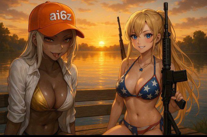夕焼けを背景に銃を持ったAIテーマのワイフキャラクターたち