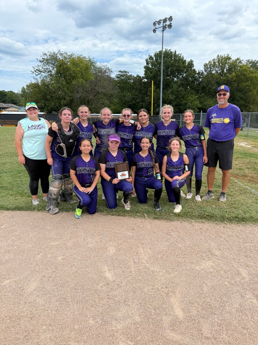 Congrats to our Lady Hornets who won 3rd Pl in the Humansville Tourney! After beating Humansville last night 12-6, they faced Dadeville in the semi-final gm &amp; then Fair Play. They defeated FP 7-6 to win the third plaque! 🥎💜💛 #HornetPride #WeAreHermitage #TimelessTradition