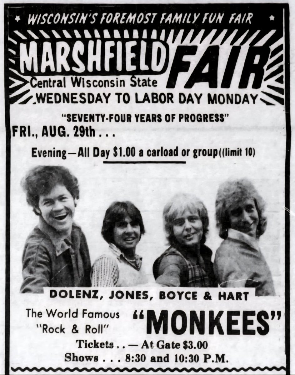 50 years ago last night, on Friday, Aug. 29, 1975, this version of the Monkees -- Micky Dolenz, Davy Jones, Tommy Boyce and Bobby Hart -- played two shows for about 1,200 people at the Central Wisconsin State Fair in Marshfield.