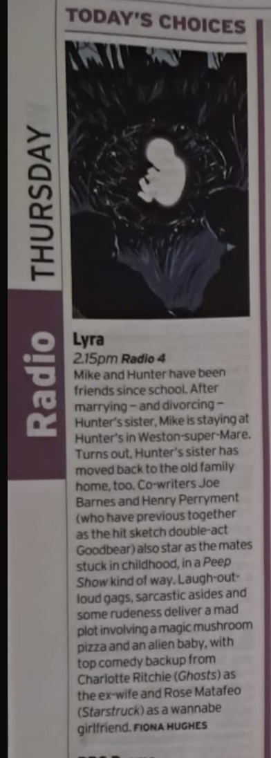Nice write up in <a href="/RadioTimes/">Radio Times</a> thanks <a href="/FionaNHughes/">Fiona Hughes</a>!! Listen to LYRA on BBC Sounds now bbc.co.uk/programmes/m00…