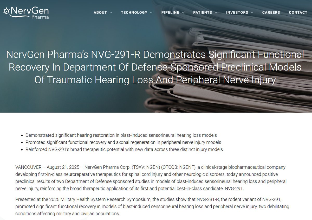 HyperVenere's tweet photo. NervGen is testing a drug called NVG-291 that seems to actually repair nerves not just treat symptoms

The US Department of Defense funded studies to see if it could help with hearing loss from loud blasts and peripheral nerve injuries

#Tinnitus #Hyperacusis

⬇️ https://t.co/ssZ0FaQRGg