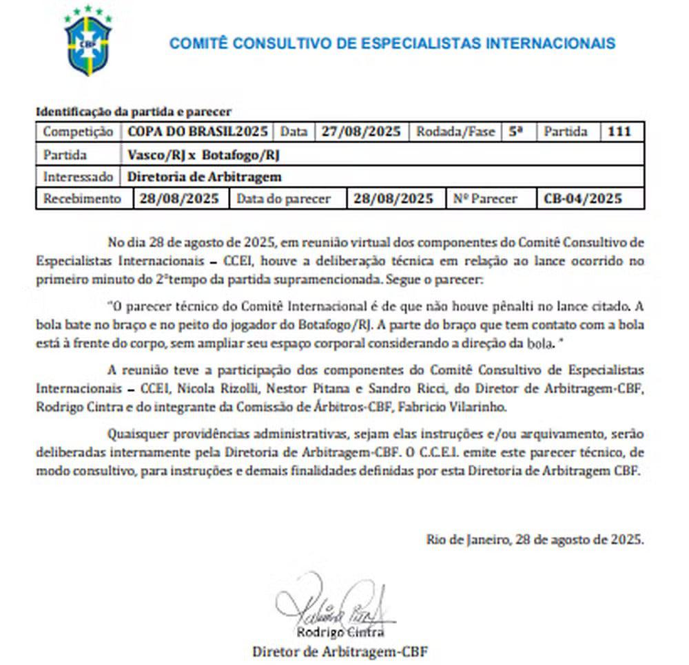 PARECER
A CBF emitiu um parecer técnico sobre o lance do possível pênalti, na partida entre Vasco e Botafogo, pela Copa do Brasil. Com uma análise do Comitê Consultivo de Especialistas Internacionais (CCEI), eles afirmam que a decisão da arbitragem e do VAR foi correta na não