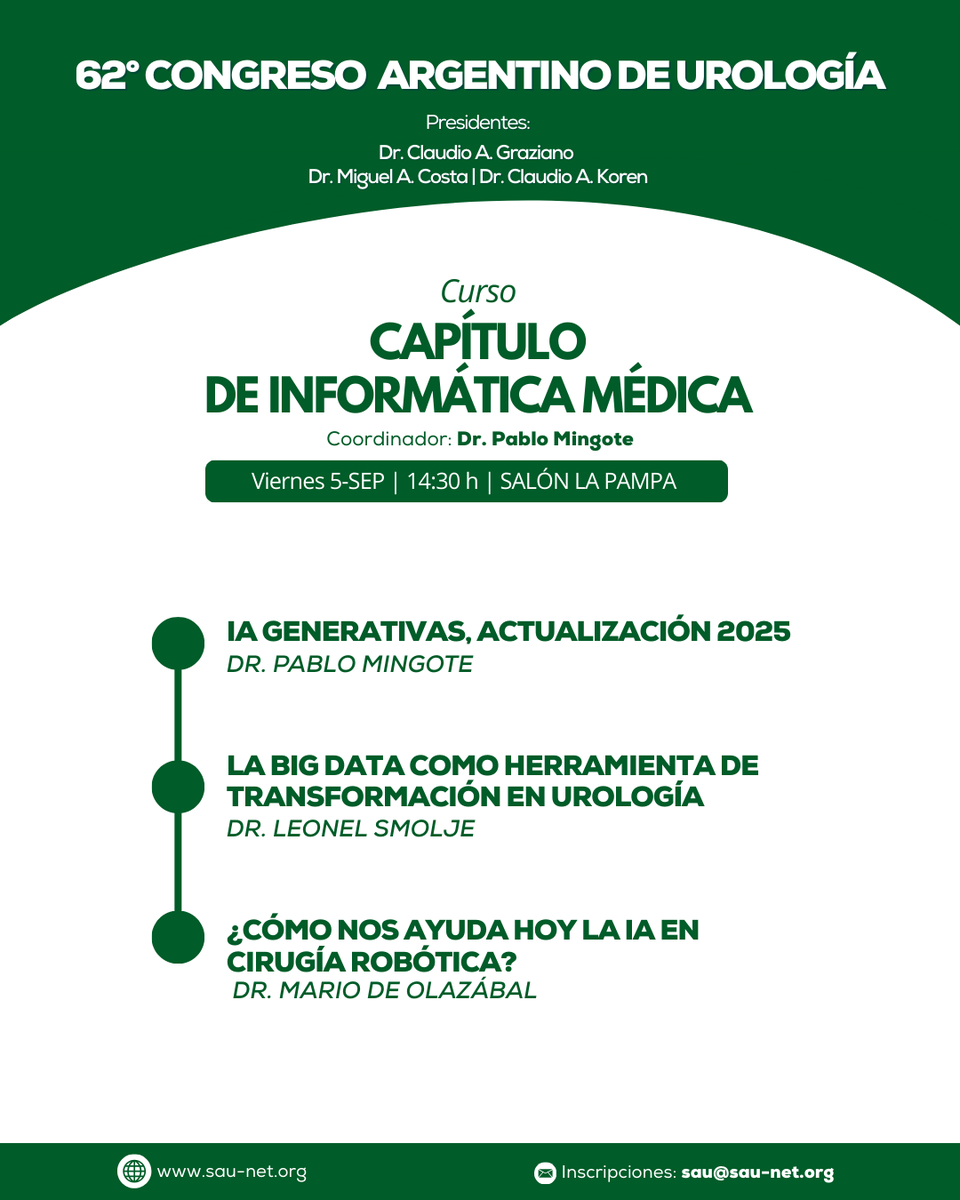 SauUrologia's tweet photo. 🧠 IA, big data y cirugía robótica: ¿cómo están transformando la urología?
Curso del Capítulo de Informática Médica
📅 Viernes 5/9 – 14:30 h | Salón La Pampa
Actividad presencial sin inscripción previa
+ info: sau@sau-net.org
#CongresoSAU2025 #Urologia #IA #InformaticaMedica https://t.co/fz9MGqBSnG