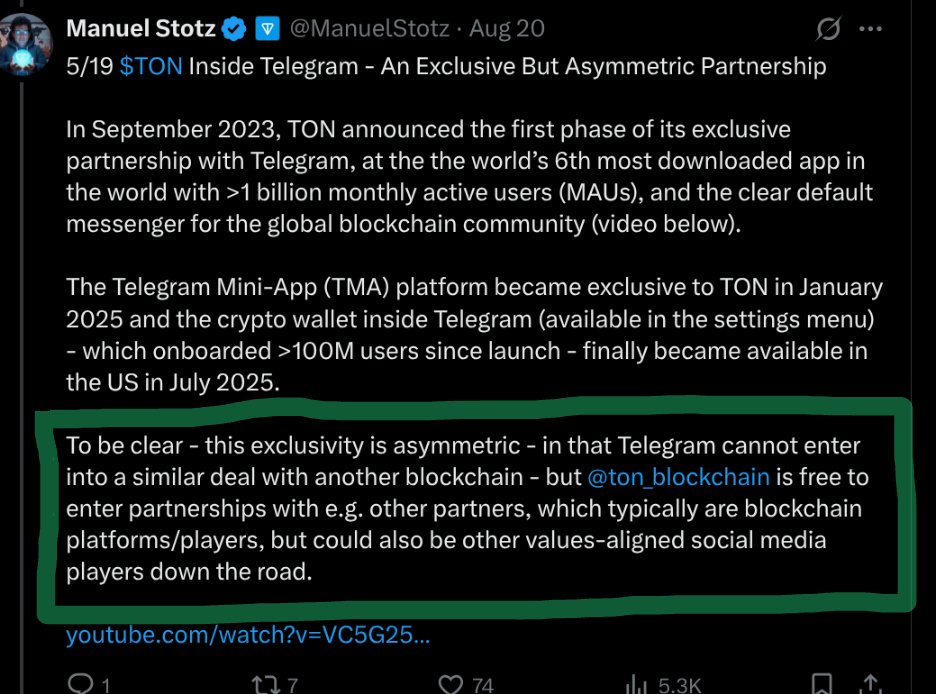 Telegram의 사용자 기반과 네이티브 L1 블록체인으로서 $TON의 독점적 활용을 설명하는 스크린샷
