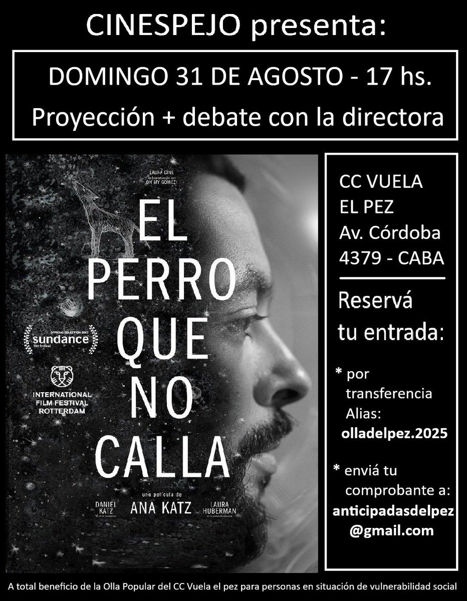 Mañana domingo. 
EL PERRO QUE NO CALLA
Y charlita. 
Lo recaudado va para la olla popular Vuela El Pez. 
Nos vemosss