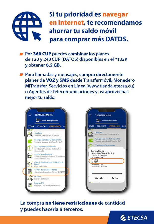 Que no lo sabías!!!
💥Puedes hacer un uso más eficiente de tu saldo móvil.
✅ Si tu prioridad es navegar por Internet aquí hay 2 sugerencias 👇
👉Te recomendamos además comprar el plan de 120 CUP antes de que se venza el plan similar adquirido el mes anterior.
#EtecsaConCuba