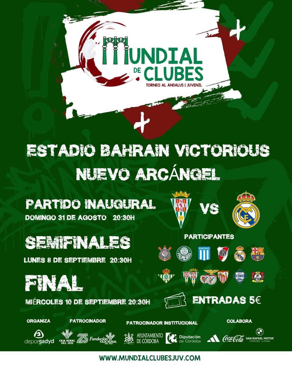 CordobaCF_ofi's tweet image. ⚽️ Esta tarde a las 20:30h se juega el partido inaugural del Mundial de clubes juvenil entre el cuadro blanquiverde @Cantera_CCF  y @lafabricacrm 

🏟️ Bahrain Victorious Nuevo Arcángel 

🎟️ Entradas disponibles en #TaquillasCCF desde una hora antes (6€ | 5€ para #AbonadosCCF)…