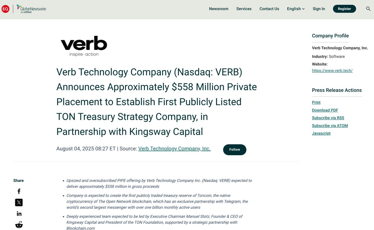 Kingsway Capital과 함께한 TON Treasury를 위한 Verb Technology의 5억 5천8백만 달러 사모 배정 관련 뉴스 기사 스크린샷