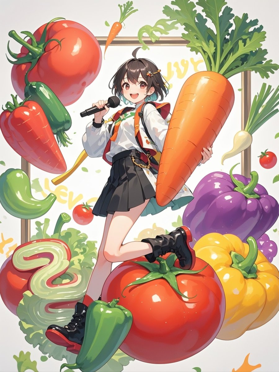 今日は何の日❓

野菜の日 

「や(8)さ(3)い(1)」の語呂合わせから制定された記念日。

彩り豊かな野菜をたっぷり食べて、体の中から元気をチャージしましょう！

今日は一皿、野菜多めにしてみませんか？

私はトマトが好きです！

#asmodel_AIart　#野菜の日