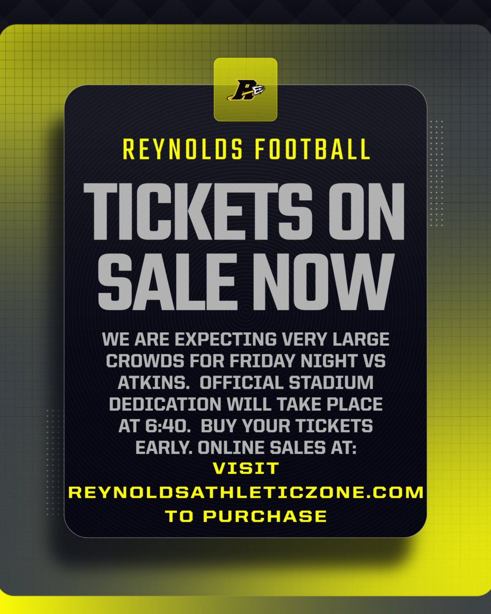 Purchase your tickets early for Friday to avoid the lines. Visit reynoldsathleticzone.com or at gofan.co/event/3698765?…
Credit/Debit/Apple Pay and Google Pay will be at the gate but there will be no cash sales.