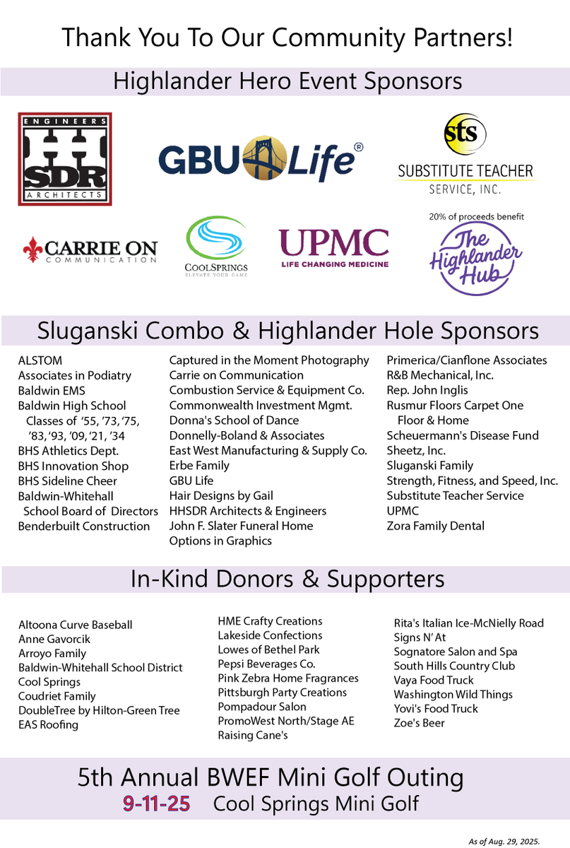 The list continues to grow! Thank you to our community sponsors for supporting the BWEF mini golf outing. 

There's still time to sponsor/donate to this fantastic community event! Learn more at bwef.weebly.com/mini-golf-outi…