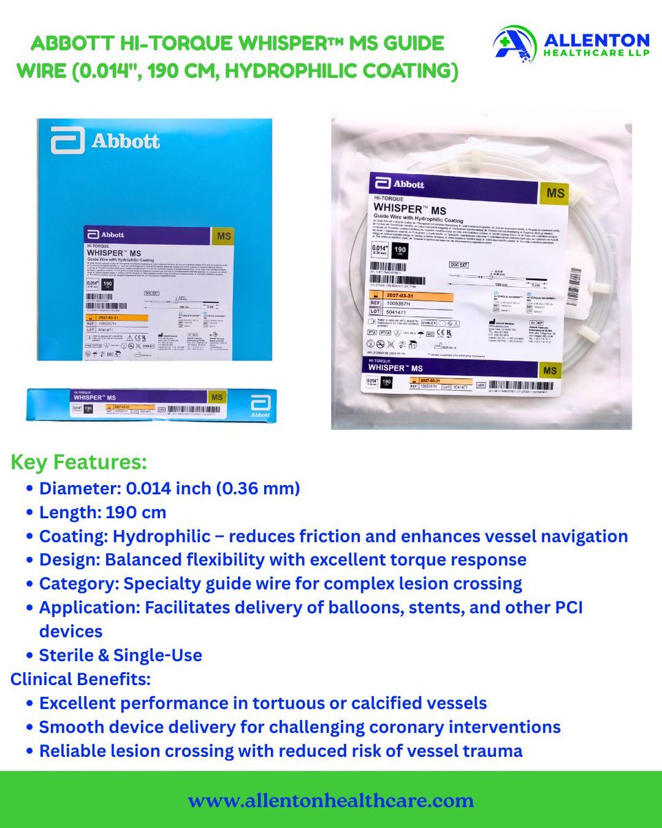 AllentonHealth's tweet photo. Allenton Healthcare LLP 🌍 – Powering precision in cardiology!
Meet the Abbott Hi-Torque Whisper™ MS Guide Wire ➝ engineered to glide smoothly, respond instantly, and conquer complexity. 💙
#AllentonHealthcare #GlobalHealthcare #CardiologyInnovation #MedicalDevices https://t.co/gTx7VKVgIS