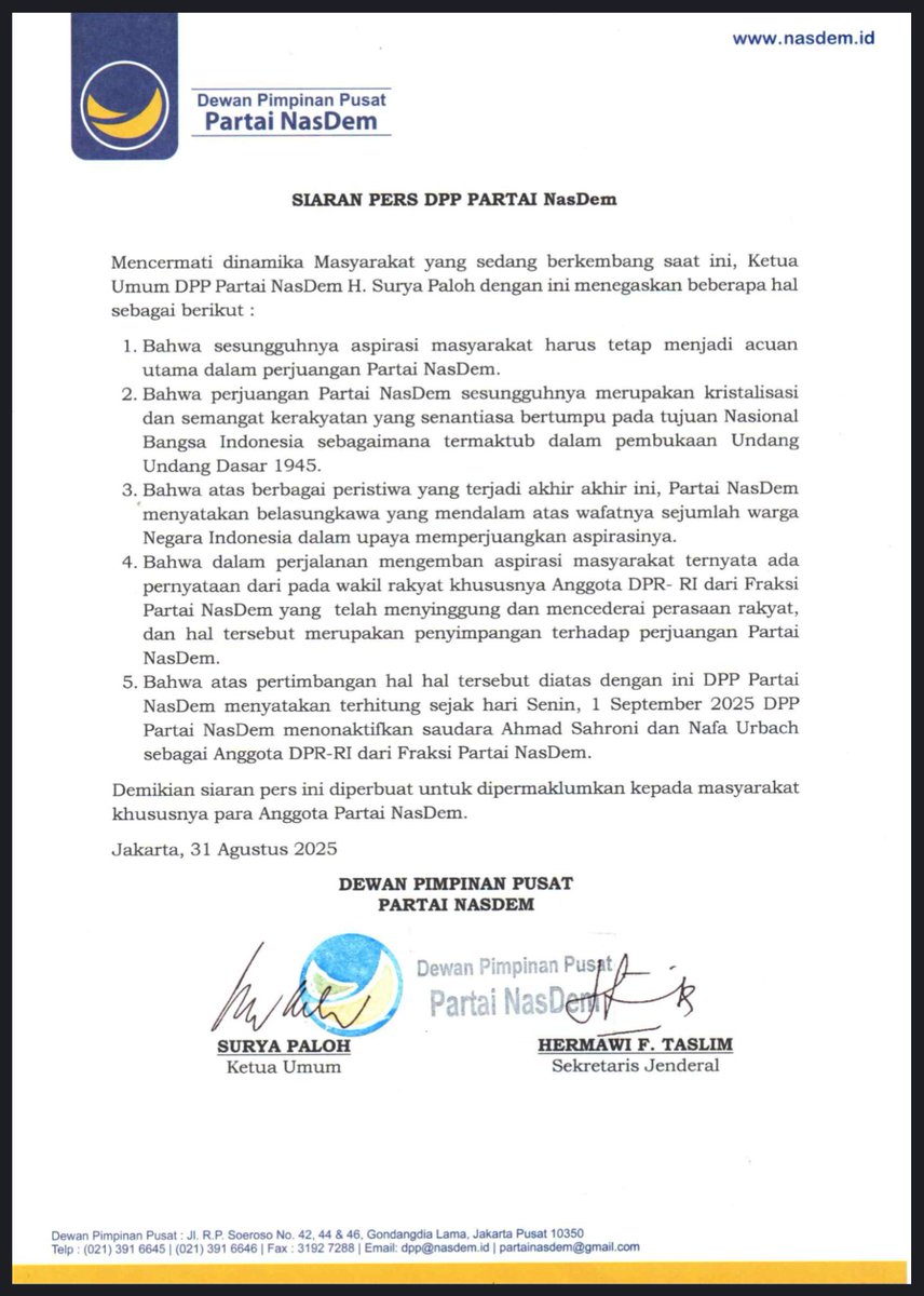 Surat Siaran Pers DPP Partai NasDem