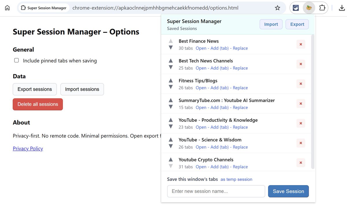 ritwickhalder's tweet image. I have created Super Session Manager chrome extension that helps you save, organize, restore, and share browser tab sessions easily with one click. 

Link : chromewebstore.google.com/detail/super-s…

Get a cleaner clutter-free browsing experience always.
#ChromeExtension  #ChromeTools #browser