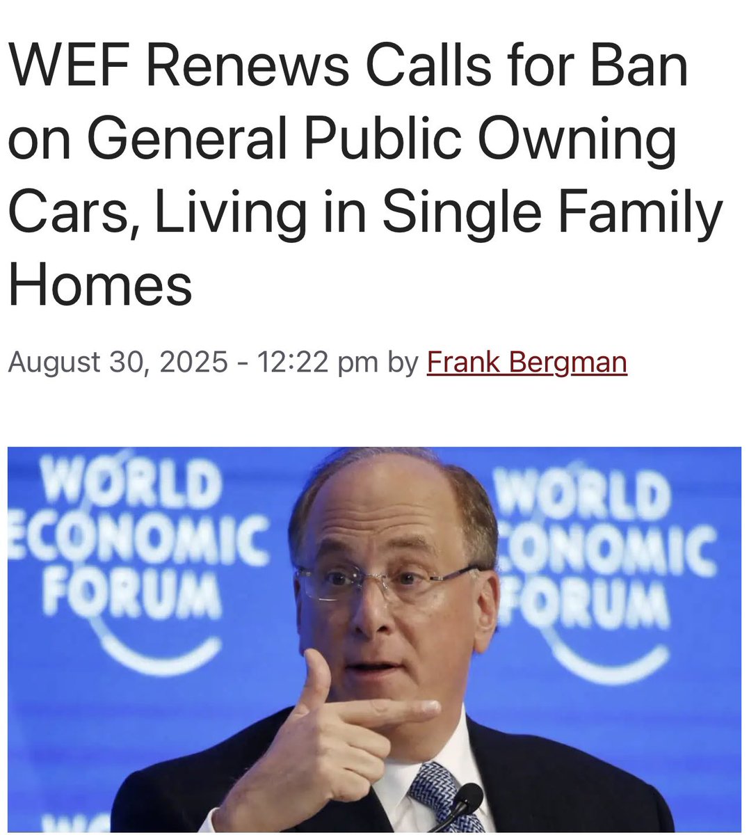 toobaffled's tweet image. Just days after BlackRock CEO Larry Fink was tapped as interim co-chair of the World Economic Forum (WEF), footage has emerged of one of the globalist organization’s top members calling for a ban on the general public owning their own vehicles and living in single-family homes.…