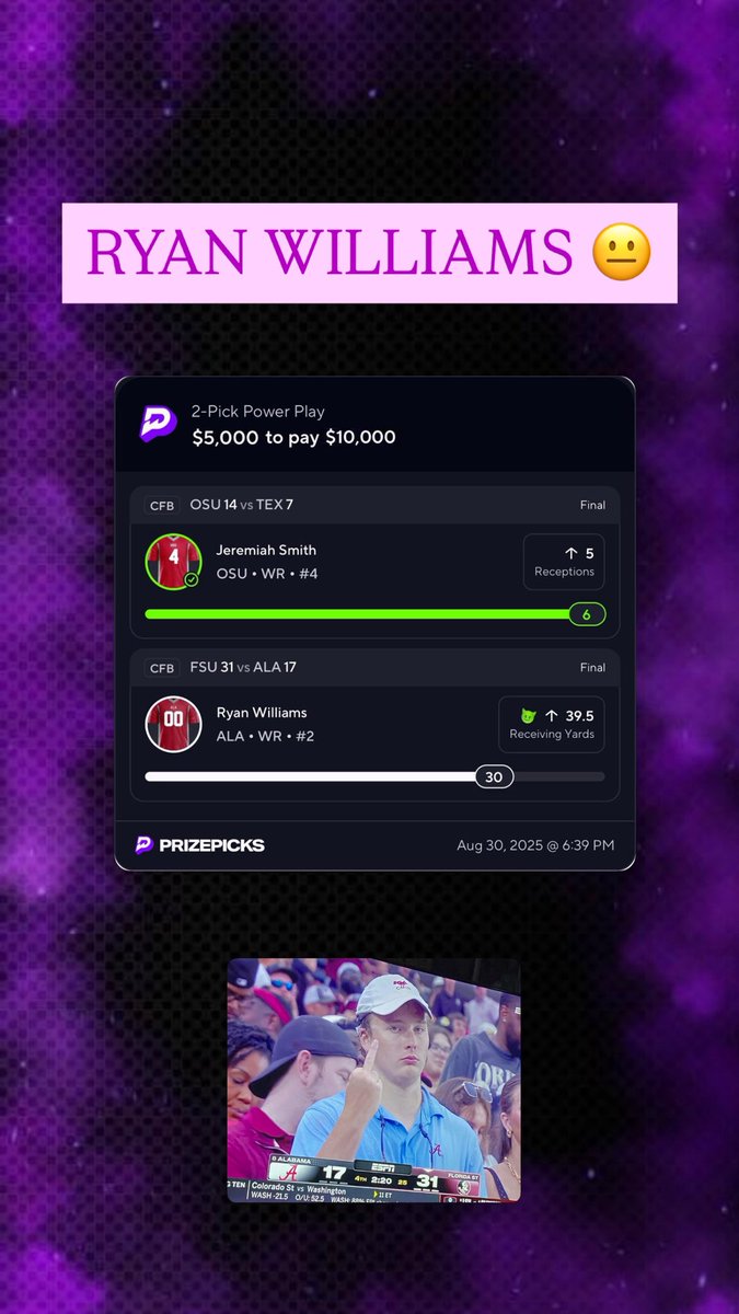 Ryan Williams fell short of 40 yards tonight in VIP, but we still managed to profit overall. No stress we bounce back and line up more nukes to cash tonight. Let’s keep it rolling 💰🔥 
#tbu #toptierbetz #sportsbettor #cfb #RyanWilliams