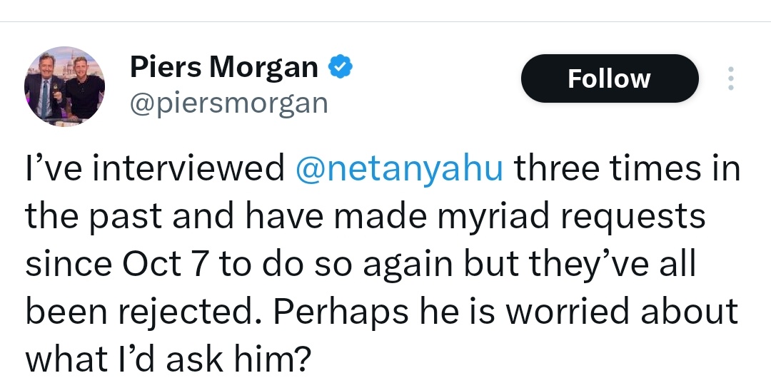 Dr. Eli David (@drelidavid) on Twitter photo Hi <a href="/piersmorgan/">Piers Morgan</a>,
<a href="/netanyahu/">Benjamin Netanyahu - בנימין נתניהו</a> is giving interviews to top podcasters on an almost daily basis, including those asking tough questions. But he is not legitimizing antisemites such as yourself, who promote Holocaust deniers and H×mas supporters. Hi <a href="/piersmorgan/">Piers Morgan</a>,
<a href="/netanyahu/">Benjamin Netanyahu - בנימין נתניהו</a> is giving interviews to top podcasters on an almost daily basis, including those asking tough questions. But he is not legitimizing antisemites such as yourself, who promote Holocaust deniers and H×mas supporters.