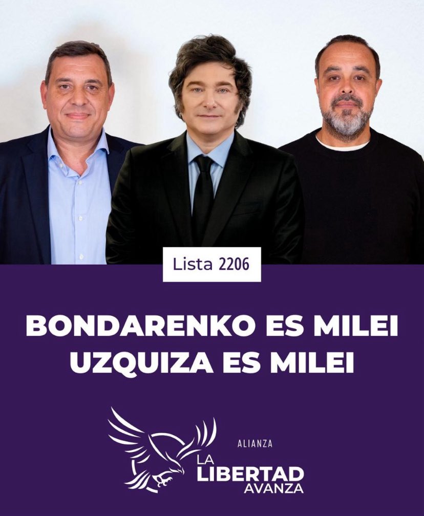 martin uzquiza (@martinuzquiza) on Twitter photo Pintemos de violeta toda la Provincia de Bs As y Lomas de Zamora. Este 7 de Septiembre la lista de <a href="/JMilei/">Javier Milei</a> violeta y con el águila de Alianza La Libertad Avanza, lista 2206 <a href="/SPareja_/">Sebastián Pareja</a> <a href="/bondarenko_maxi/">Maximiliano Bondarenko</a> <a href="/LLAenPBA/">Alianza La Libertad Avanza - PBA</a> <a href="/3era_seccion/">La Libertad Avanza 3ra sección</a> <a href="/elfabriLLA/">Fabricio Martínez</a> <a href="/llaenldz/">La Libertad Avanza Lomas de Zamora</a> <a href="/LLibertadAvanza/">La Libertad Avanza</a> Pintemos de violeta toda la Provincia de Bs As y Lomas de Zamora. Este 7 de Septiembre la lista de <a href="/JMilei/">Javier Milei</a> violeta y con el águila de Alianza La Libertad Avanza, lista 2206 <a href="/SPareja_/">Sebastián Pareja</a> <a href="/bondarenko_maxi/">Maximiliano Bondarenko</a> <a href="/LLAenPBA/">Alianza La Libertad Avanza - PBA</a> <a href="/3era_seccion/">La Libertad Avanza 3ra sección</a> <a href="/elfabriLLA/">Fabricio Martínez</a> <a href="/llaenldz/">La Libertad Avanza Lomas de Zamora</a> <a href="/LLibertadAvanza/">La Libertad Avanza</a>