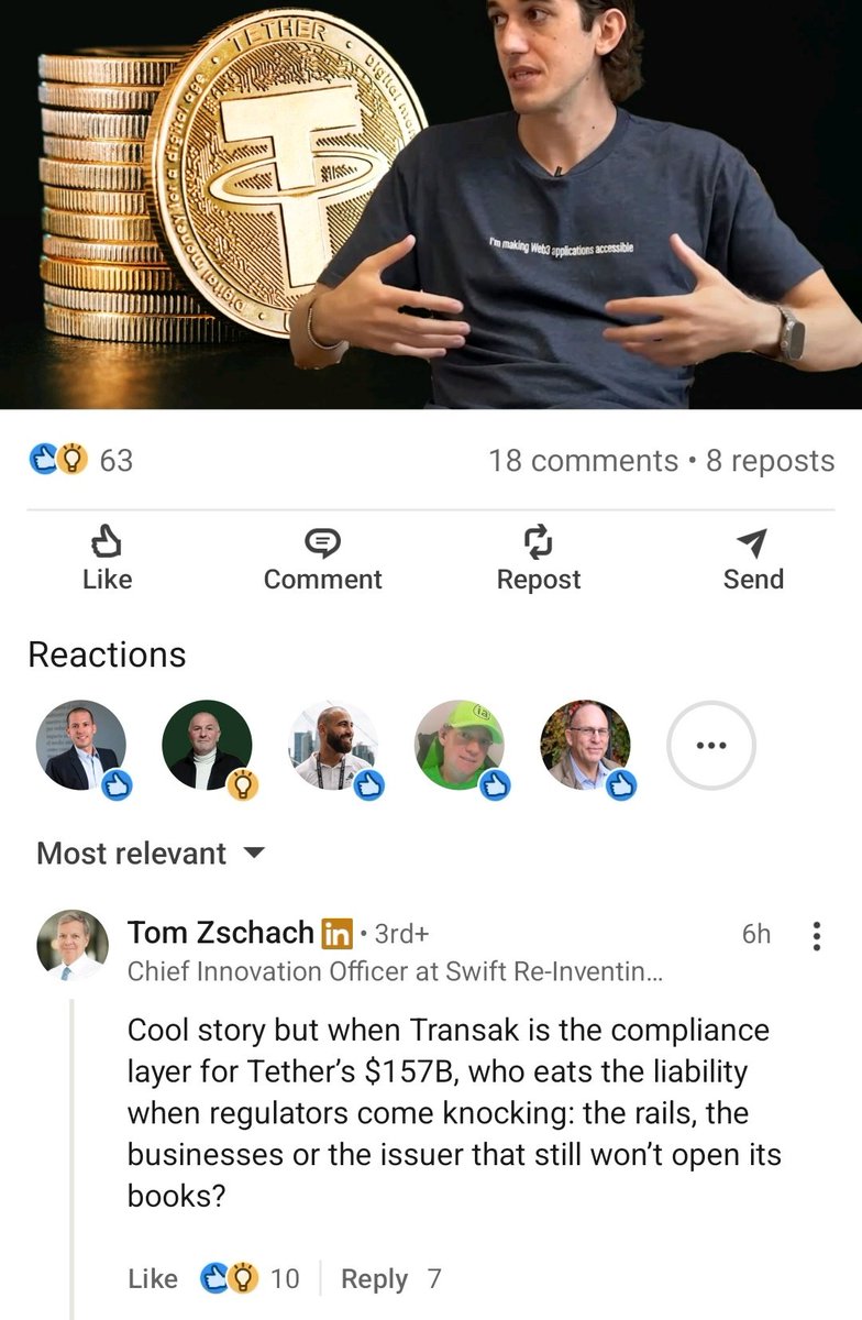 $Link People missing the importance of Compliance... sergey always said Compliance was the missing piece of the puzzle for scaling trillions..

Now aee this self appointed Crypto expert again calling Tether a "Swift killer".... Tom response was gold... 

Bragging about rails is