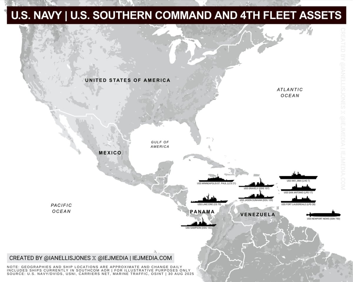 🇺🇸🇻🇪 U.S. Naval Buildup Escalates Near Venezuela

The USS Lake Erie (CG-70) has now joined an expanding U.S. fleet in the Caribbean. At least eight American warships, including the USS Iwo Jima, USS San Antonio, and USS Newport News, are deployed across the SOUTHCOM area of