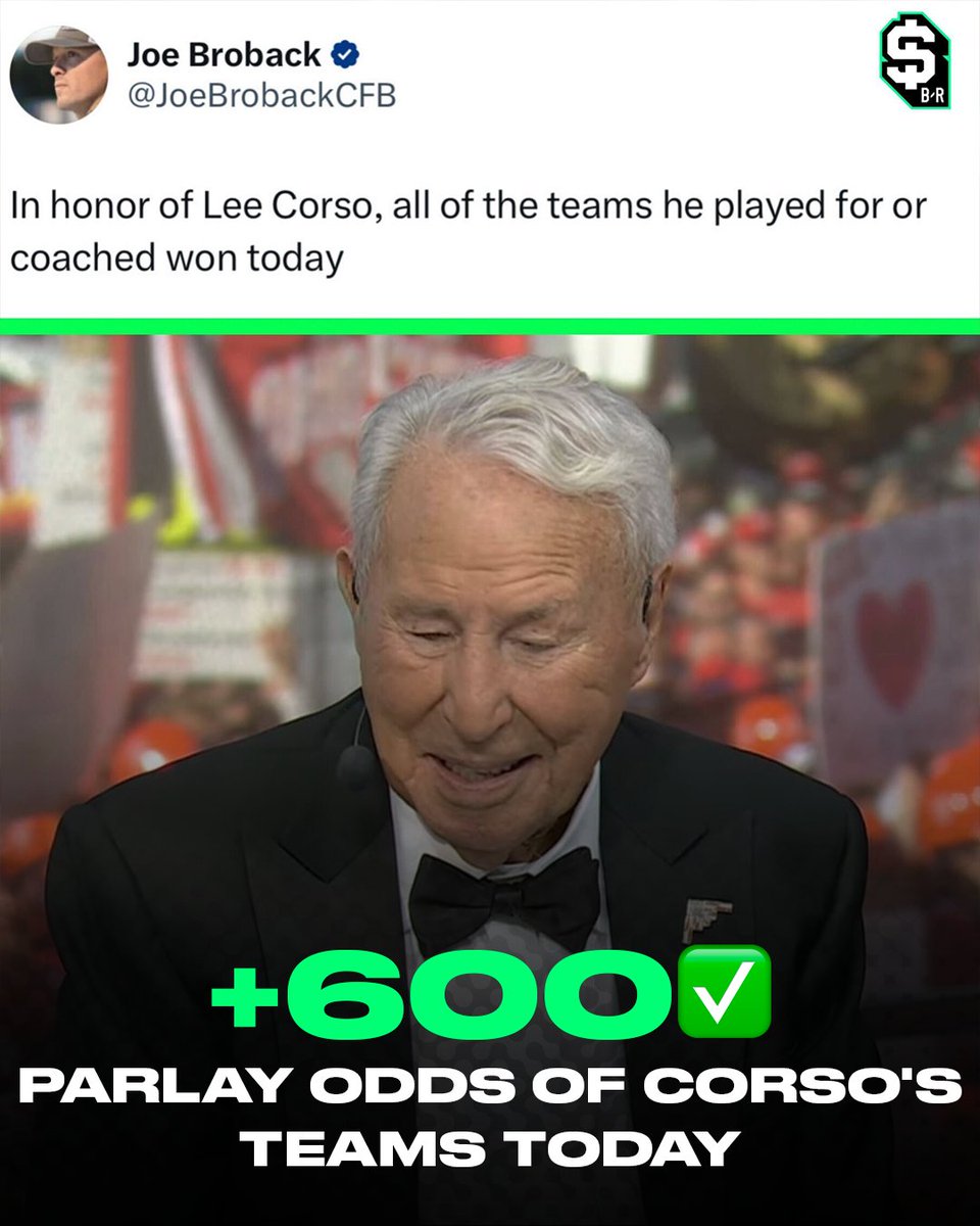 br_betting (@br_betting) on Twitter photo Every team Lee Corso coached or played for won today to send him off 🥹
Maryland (-500 ML)
Louisville (-3200 ML)
FSU (+350 ML)
Navy (-10000 ML)
Indiana (-3200 ML)
Northern Illinois (-485 ML)
(via <a href="/JoeBrobackCFB/">Joe Broback</a>) Every team Lee Corso coached or played for won today to send him off 🥹
Maryland (-500 ML)
Louisville (-3200 ML)
FSU (+350 ML)
Navy (-10000 ML)
Indiana (-3200 ML)
Northern Illinois (-485 ML)
(via <a href="/JoeBrobackCFB/">Joe Broback</a>)
